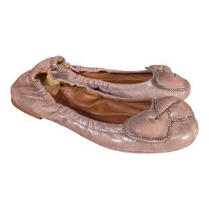 See By Chloe Clara Ballerina Flats Champagne Metallic Leather Bow Chain 38.5/8.5